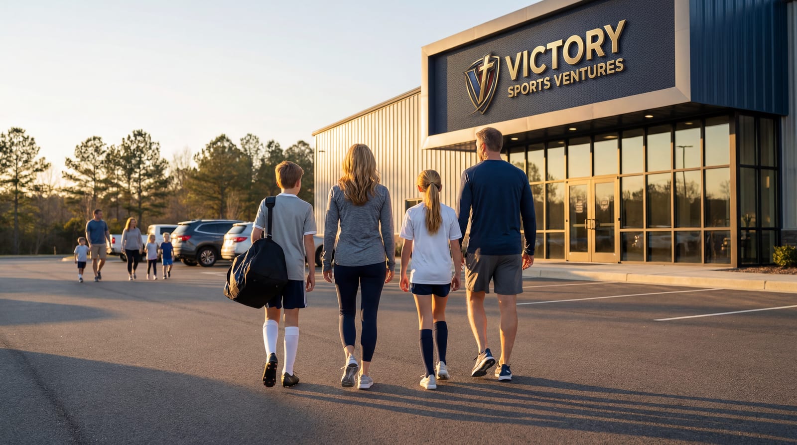 Family of four crossing the facility parking lot on a tournament morning, kids in athletic gear