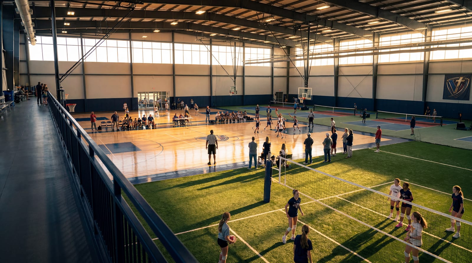 Interior of a premium multi-sport indoor fieldhouse on a Saturday morning, viewed from the upper concourse