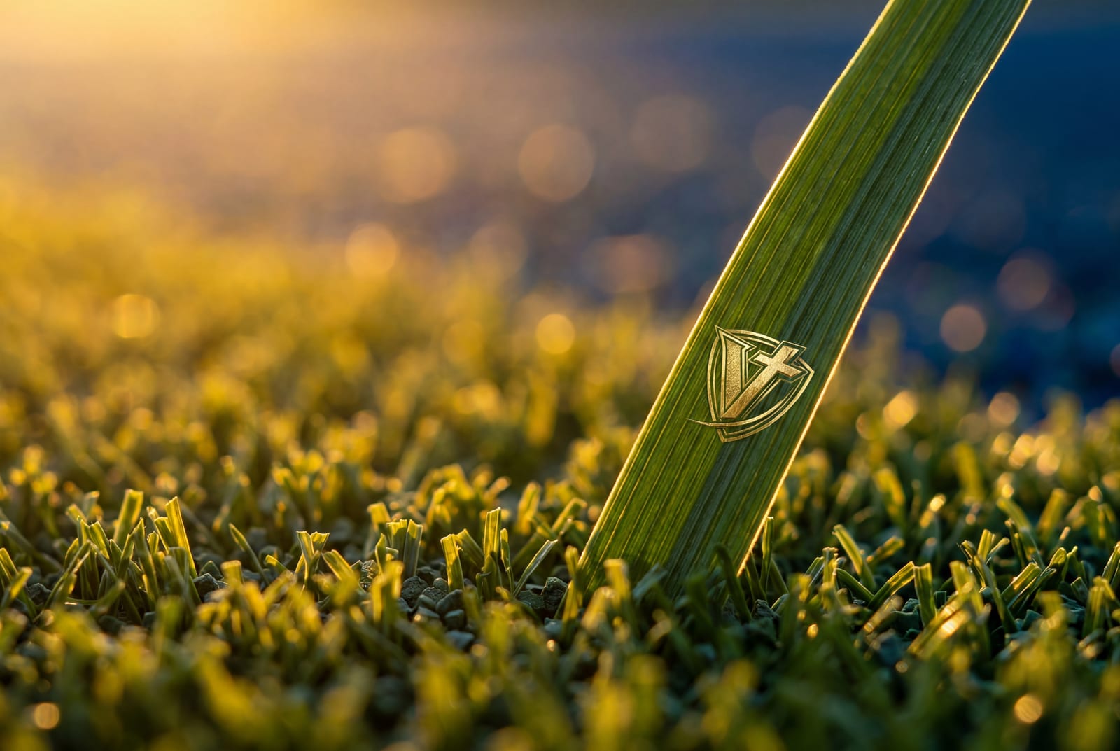 Macro close-up of FIFA-quality Shaw Sports Turf blades backlit by low sun