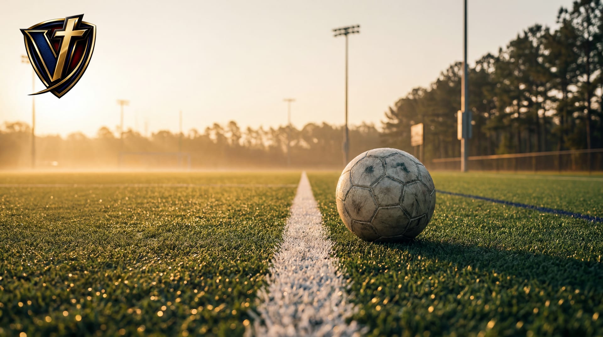 Dawn light along a chalk sideline on an empty turf field — single soccer ball in the foreground