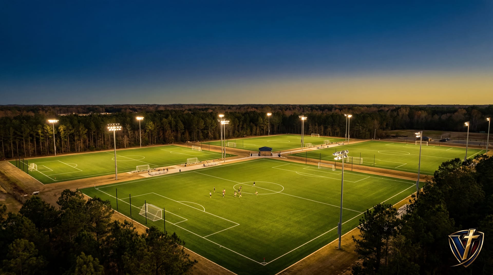 Aerial dusk view of the VSV campus turf fields at blue hour