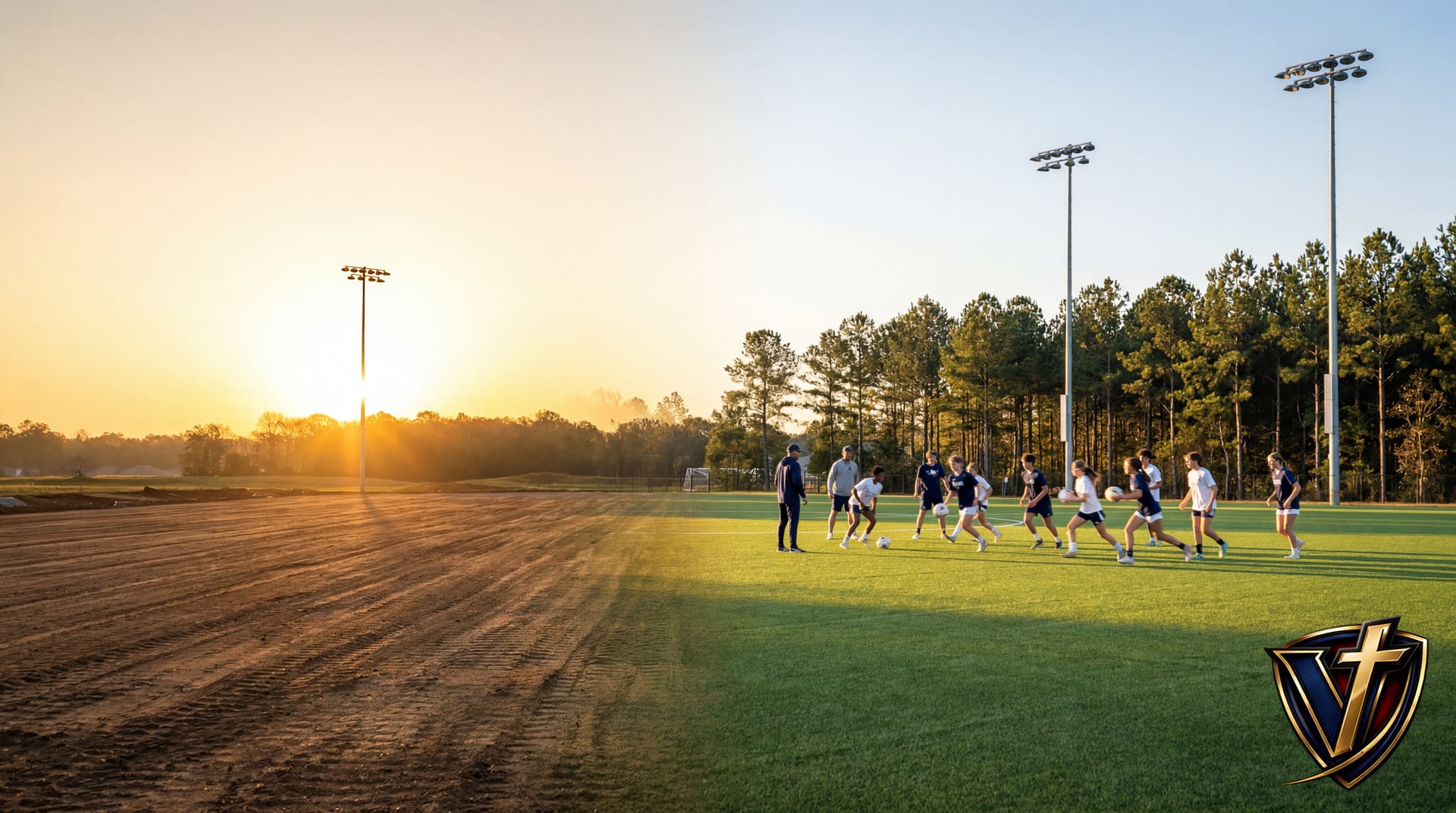 Split frame showing freshly graded earth becoming a finished green turf field at golden hour