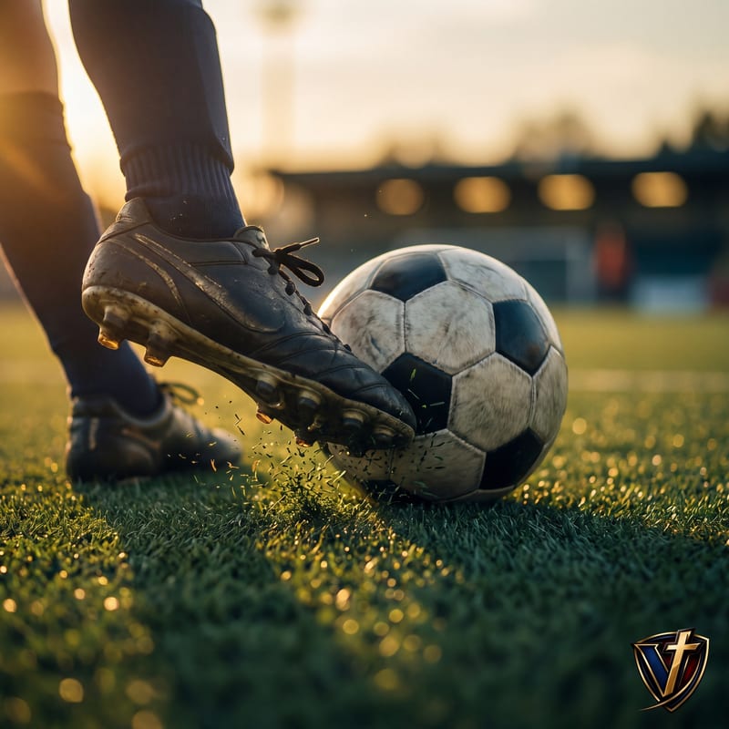 Youth soccer cleat striking ball on tournament turf at golden hour