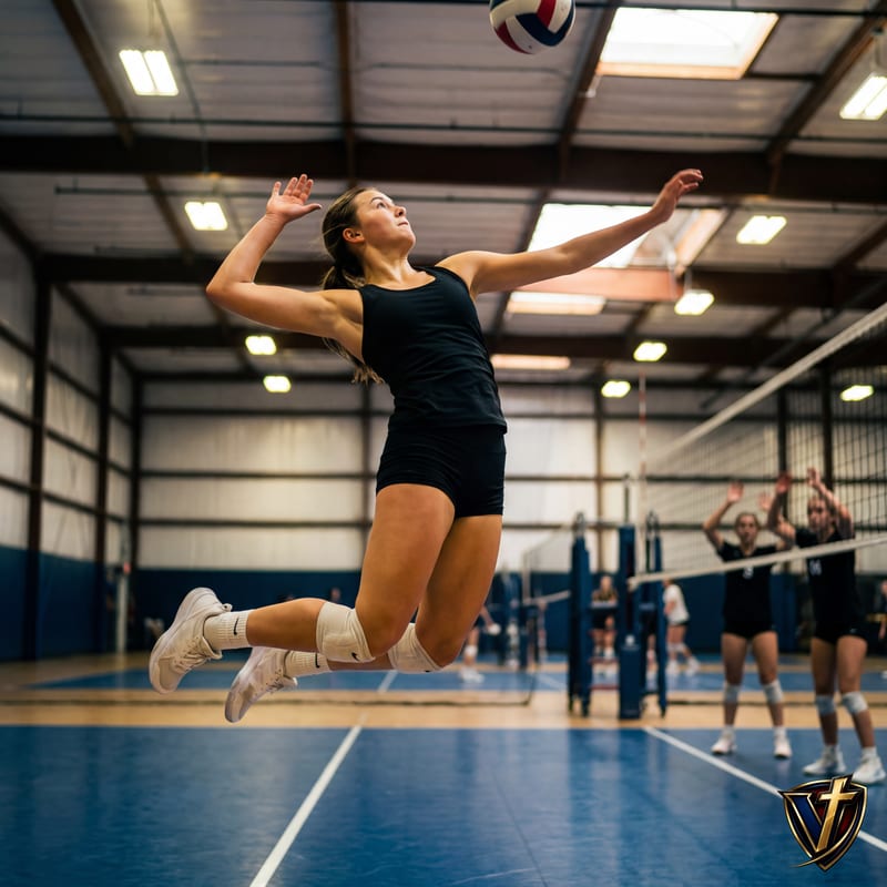 Athlete mid-spike on an indoor volleyball court